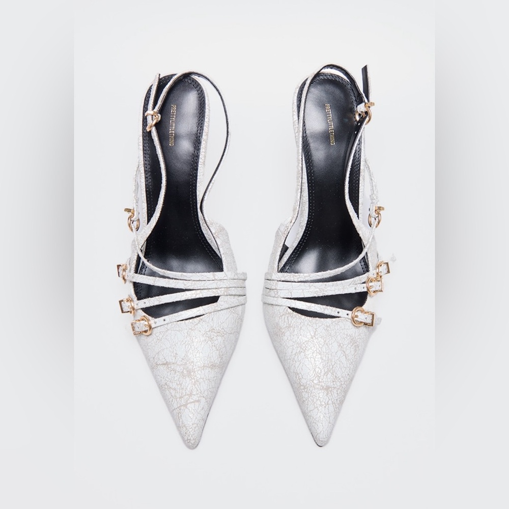White Cracked Pu Point Toe Multi Buckle Low Heeled
Court Shoes - Picture 1 of 4